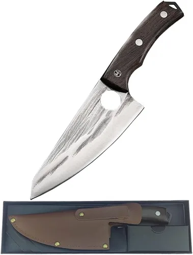 Vista 7 de Cuchillo de carnicero, cuchillo vikingo para cortar carne, 6 pulgadas, afilado, multiusos, forjado en fuego para deshuesar, rebanar, cortar, picar