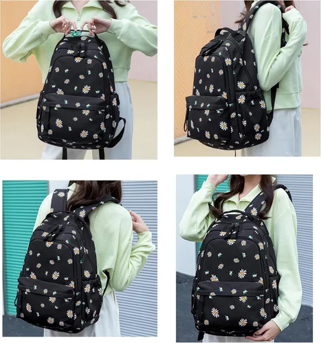 Vista 5 de Mfikaryi Daisy Prints - Mochila para niñas, para escuela secundaria Negro
