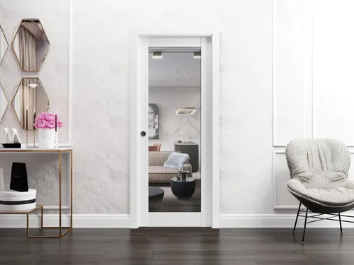 Vista 2 de SARTODOORS Puerta corredera francesa de bolsillo de 18 x 80 pulgadas con Lucia 1299 seda blanca con espejo Kit de accesorios de riel Puerta