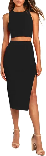 Vista 8 de HUUSA Vestido de 2 piezas para mujer, sexy, sin mangas, ajustado, con abertura, vestido midi casual, cuello redondo, camiseta sin mangas, falda