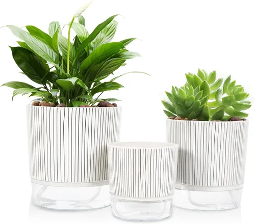 Vista 17 de Macetas de riego automático para plantas de interior, macetas, maceta de riego automático, 2 piezas de 4 + 5.3 pulgadas, rayas negras