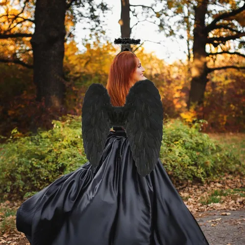 Vista 6 de Alas de ángel y halo para adultos, disfraz de alas de ángel de plumas para mujeres, niños y niñas, cosplay de Halloween