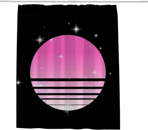 Vista 3 de Kuizee Synthwave Cyberpunk - Cortina de ducha para baño, 60 x 72 pulgadas, con 12 ganchos Synthwave Cyberpunk Sun Starry Sky Black Bañeras