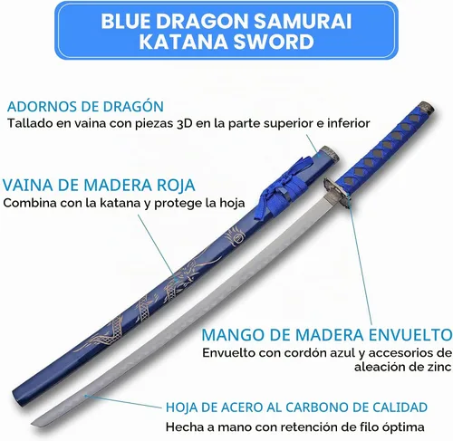 Vista 3 de SZCO Espada Katana Samurai de dragón azul de 40 pulgadas, hoja de acero al carbono con vaina de madera, mango envuelto en cordón, espada ninja