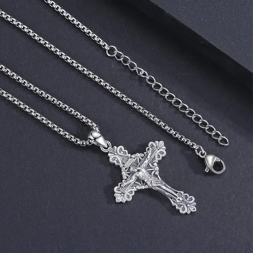 Vista 6 de Collar de cruz de Jesús de plata de ley con colgante de Jesús, collar de crucifijo para hombre, collar de cruz católica para hombres, joyería