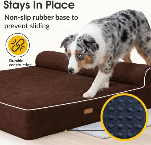 Vista 7 de Kopeks – Cama ortopédica de perro con espuma de memoria, con almohada y forro impermeable , L, Marrón Chocolate