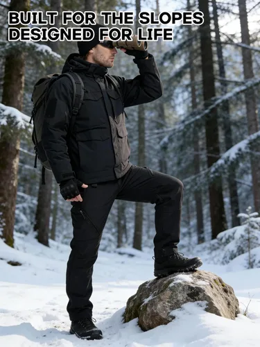 Vista 9 de FREE SOLDIER Chaqueta de esquí impermeable para hombre, abrigo cálido de invierno para nieve, snowboard con múltiples bolsillos, capucha desmontable