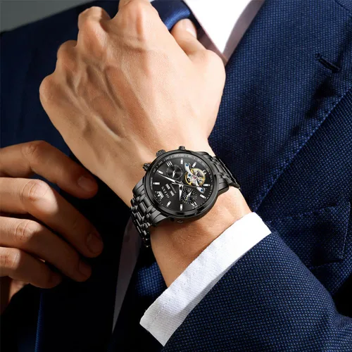 Vista 3 de OLEVS Automatic Watches for Men Luxury Skeleton Multi-Function Mechanical Watch Self Winding Date Waterproof Luminous Mens Watch