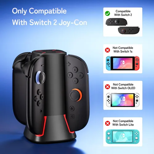 Vista 2 de Charging Dock Compatible with Switch 2 Joy-Cons Controllers - 4-Port Charger Station with LED Indicators - Fast Charging Compatible for Nintedos