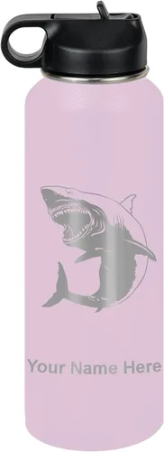 Vista 73 de LaserGram Botella de agua personalizada, gran tiburón blanco, acero inoxidable de doble pared aislada al vacío con popote superior, regalo grabado