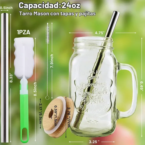 Vista 3 de Paquete de 4 tarros Mason de 24 onzas con asa, vasos reutilizables para beber, tarros Mason con tapas de bambú y popotes de acero inoxidable, vaso