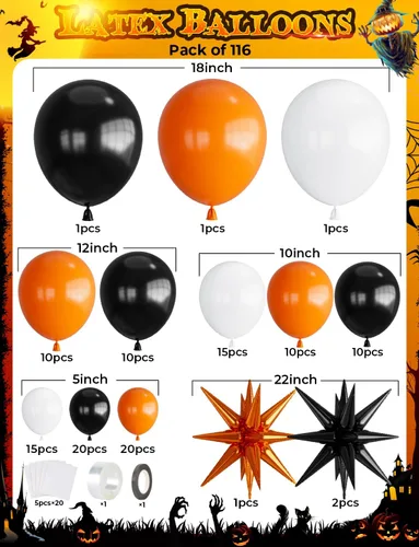 Vista 5 de Kit de arco de guirnalda de globos de Halloween, 116 piezas de arco de globos naranja y negro blanco, globos de papel de aluminio con estrella