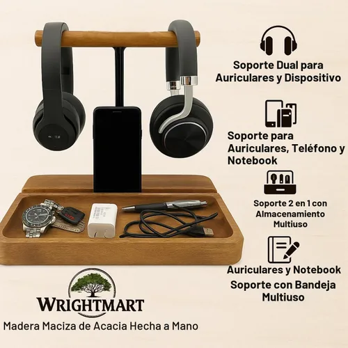 Vista 8 de Soporte dual para auriculares, soporte de madera de acacia para 2