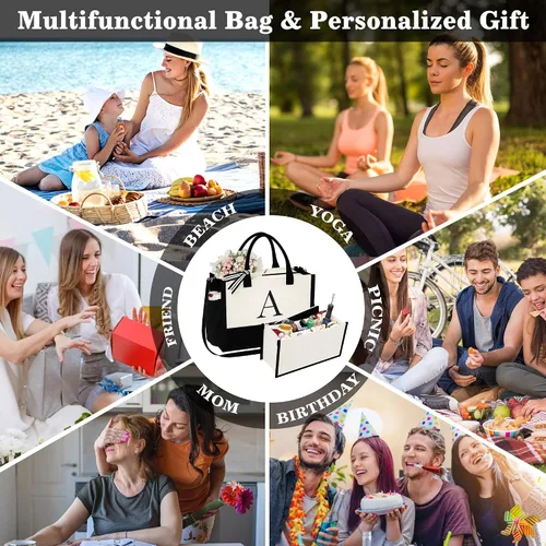 Vista 3 de YOOLIFE Regalos personalizados para mujer, bolsa de lona con monograma con organizador con cremallera, regalo de cumpleaños para mujeres, Blanco, B