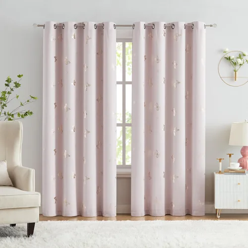 Vista 14 de Jubilantex - Cortinas opacas con diseño de mariposa dorada, 80 % rosa bebé Cortinas opacas 80% rosa lavanda/rosa bebé, estampado de mariposa