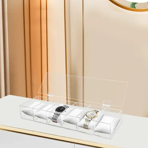 Vista 6 de Ptaedex Organizador de caja de reloj para hombres y mujeres, soporte de acrílico de 6 ranuras para relojes, organizador de joyería