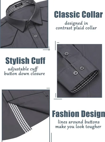 Vista 6 de COOFANDY Camisa vaquera occidental de manga larga para hombre, ajuste regular, de algodón, elegante, informal, con botones
