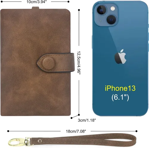 Vista 4 de Billeteras con bloqueo RFID para mujer, de gran capacidad, de cuero suave, cartera pequeña con correa para la muñeca, Marrón, Casual