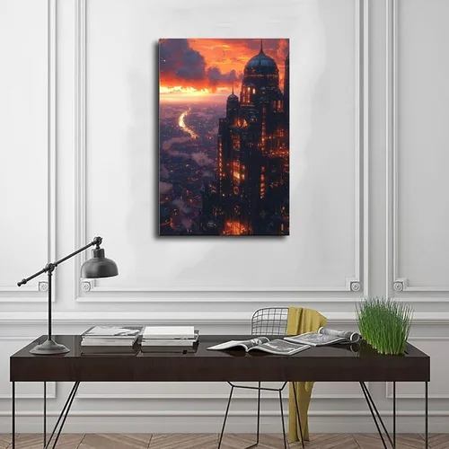 Vista 3 de XAHOR Sci-Fi Steampunk Canvas Wall Art – Cyberpunk Retro City at Dusk Canvas Poster Wall Art Decor Print Picture Paintings for Living Room Bedroom
