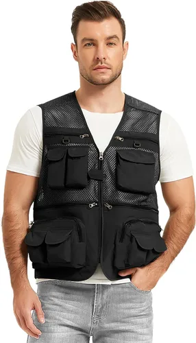 Vista 6 de Chaleco Flygo para hombre, para pesca, trabajo, safari, viaje de reportajes o para actividades al aire libre en verano, con bolsillos