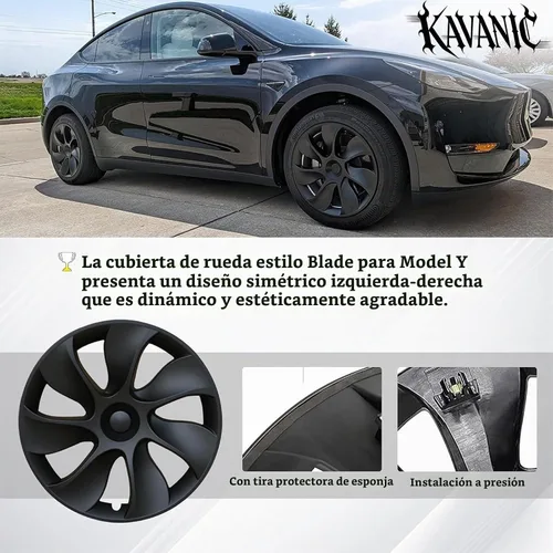 Vista 4 de KAVANIC 4 piezas de cubierta de rueda Compatible con Tesla Model Y 19 pulgadas 2020-2024 ABS tapacubos estilo cuchilla negro mate Compatible