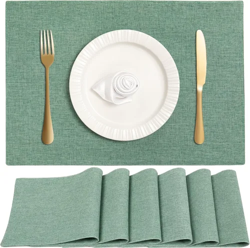Vista 9 de Juego de 6 manteles individuales de tela de lino de doble capa, tejido de algodón, para decoración de mesa de cocina, casa de campo, resistentes al