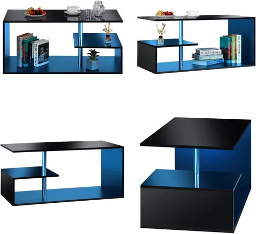 Vista 8 de HOMMPA Mesas de centro LED para sala de estar, moderna mesa de centro negra con forma de S de 3 niveles, estante de almacenamiento abierto, mesa