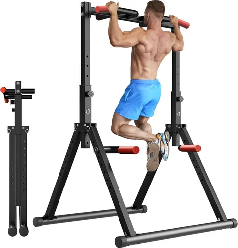 Vista 11 de WATBKHE Power Tower Pull Up Dip Station Foldable, Pull Up Bar Station Adjustable, Multi-Function Home Gym, Strength Training Fitness Equipment