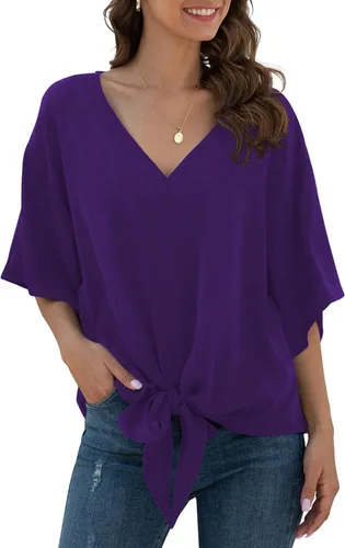 Vista 32 de VIISHOW Womens Tie Front Chiffon Blouses V Neck Batwing Short Sleeve Summer Tops Shirts Albaricoque