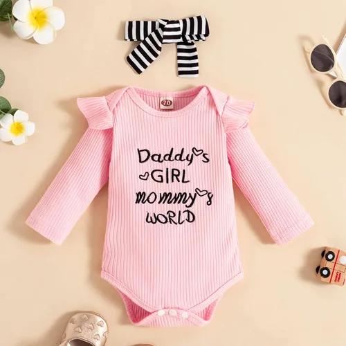Vista 4 de Kadola Conjunto de 3 piezas de mameluco acanalado con diadema para niñas y bebés, trajes a rayas para niñas