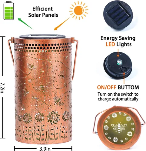 Vista 6 de Paquete de 2 linternas solares colgantes de abejas al aire libre, impermeables, luces LED solares de metal, linternas decorativas para jardín