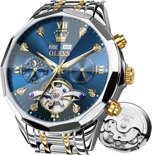 Vista 9 de OLEVS - Reloj Automático de Lujo para Hombre con Diamante, Automático, Multifuncional, Calendario, de Acero Inoxidable, Impermeable, Luminoso