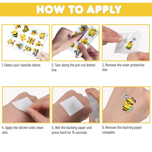 Vista 5 de 120 tatuajes temporales precortados de abeja para niños Recuerdos de fiesta de cumpleaños temáticos súper lindos, suministros, decoraciones