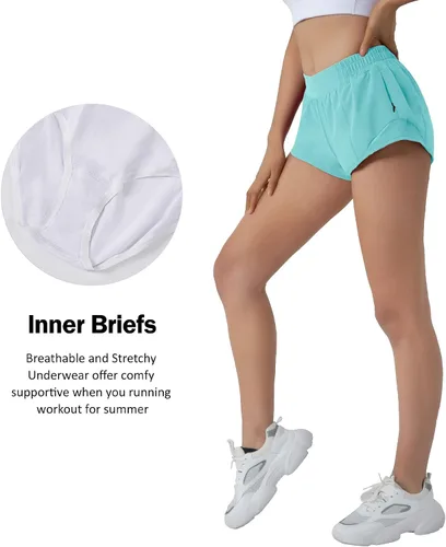 Vista 4 de Aurefin Pantalones cortos para correr para mujer de secado rápido ligeros con bolsillo con cremallera