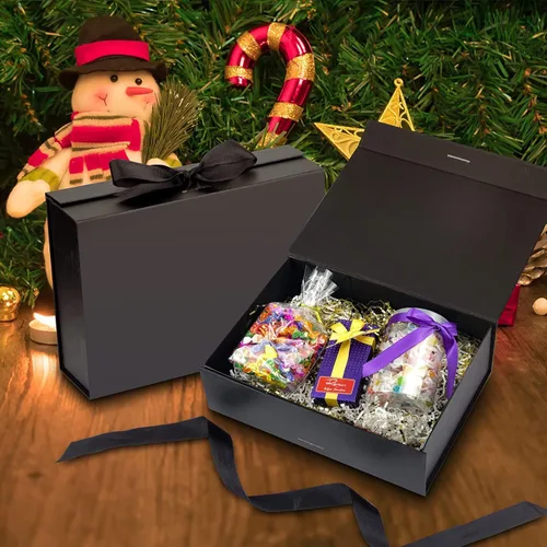 Vista 7 de Caja de regalo negra, cajas de regalo con tapas, 10.2 x 7.4 x 3.1 pulgadas, caja de regalo negra con cinta y cierre magnético para envolver regalos