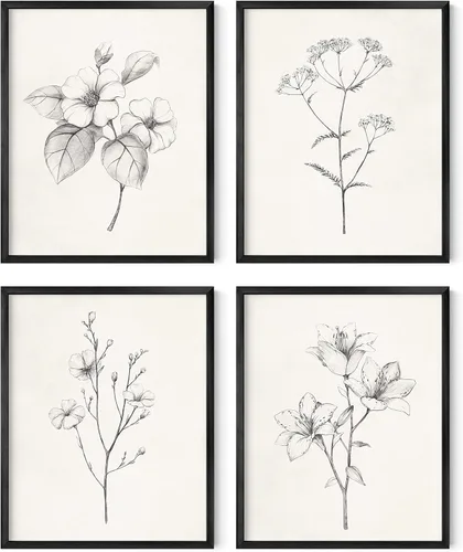Vista 20 de HAUS AND HUES Arte de pared floral gris, juego de 4 pósteres de plantas para pared vintage, impresiones botánicas, cuadros de flores en blanco