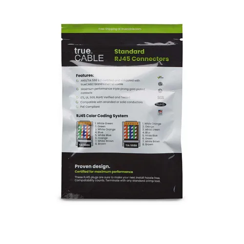 Vista 6 de trueCABLE Conectores RJ45 Cat6/6A, enchufe modular escalonado, sin blindaje (UTP), listado UL, barra de carga, chapado en oro, 3 clavijas 8P8C, 10