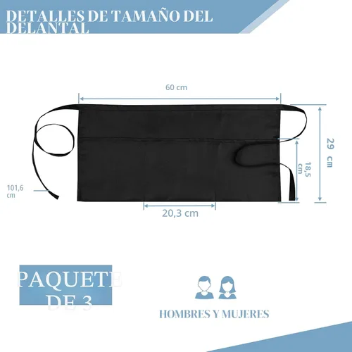 Vista 2 de 3 Pack Server Apron, Short Waitress Apron with Pockets for Servers, Waiters mandiles para mujer para trabajo with 3 pockets, Polyester