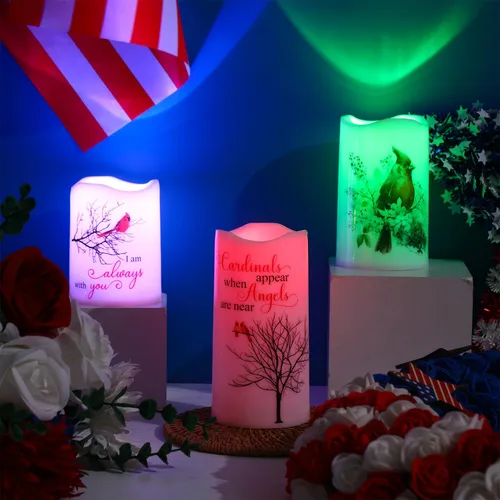 Vista 2 de Tujoe - 3 velas LED sin llama, conmemorativas cardenales, regalos de Regalos cardenales para mujeres, luces LED que funcionan con pilas, sin llama