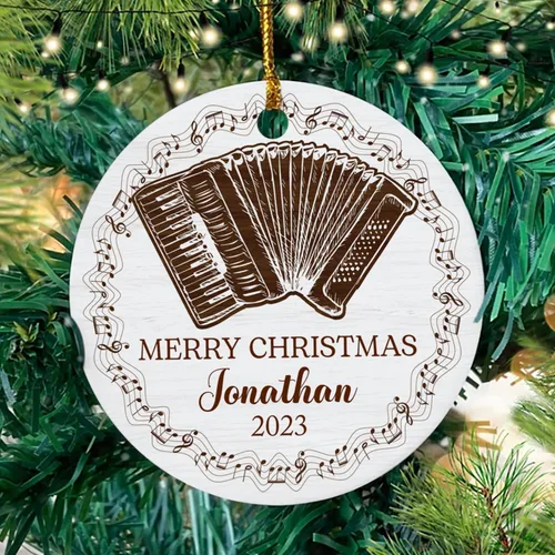 Vista 3 de Adorno de Navidad personalizado de acordeonista 2024, adornos de instrumentos musicales, adorno de acordeón, regalo para amantes de la música, texto