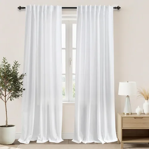 Vista 38 de Cortinas rústicas color beige tostado de 42 x 84 pulgadas de largo para sala de estar, juego de 2 paneles transparentes de lino natural, imitación