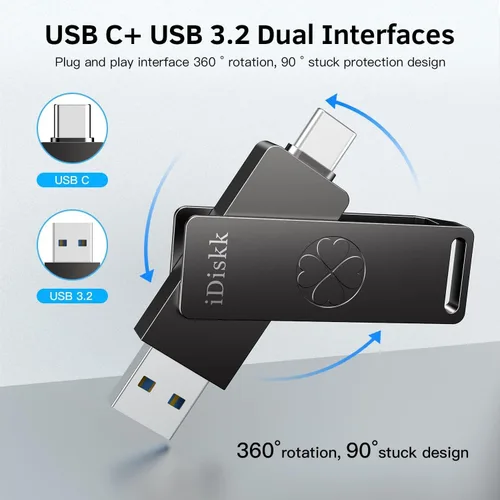 Vista 6 de iDiskk USB C Flash Drive 128GB Speed up to 1000MB/s Memory Stick USB-C+USB A 3.2 Gen 2 Flash Drive,Type-C Photo Stick for 15/16/17/USB C Android