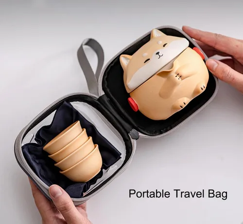 Vista 3 de Mini juego de té Gaiwan, linda tetera Shiba Inu con bolsa portátil para viajes, tetera china de gongfu de cerámica con 4 tazas de té de cerámica.