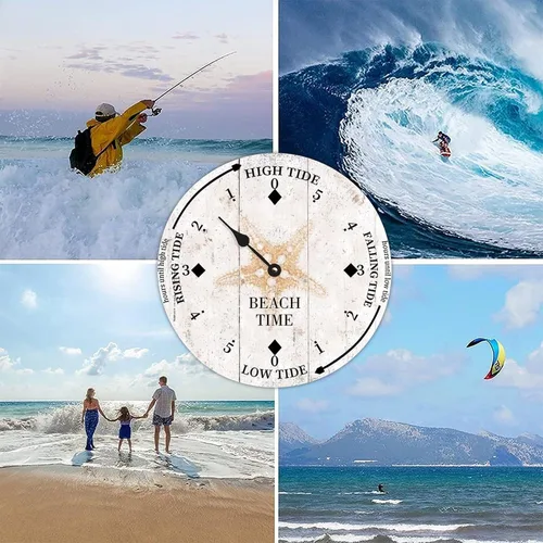 Vista 8 de Reloj de marea de madera rústica, reloj de marea con estrellas de mar, reloj de luna, silencioso, sin tictac, funciona con pilas, reloj de pared