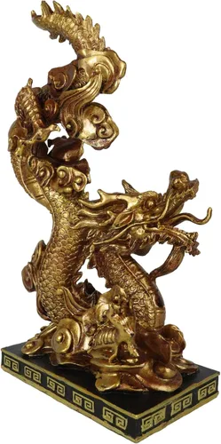 Vista 5 de Ebros Gift Estatua decorativa del rey dragón dorado con base de pedestal negro de 10.25 pulgadas de alto, estatua oriental legendaria de Yin Yang