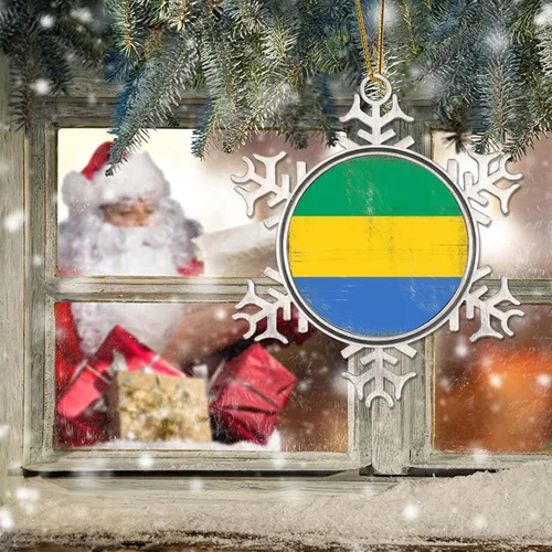 Vista 6 de Adorno colgante de Navidad de Gabón, bandera de Gabón, regalo de vacaciones, copo de nieve de metal, adorno para árbol de Navidad, bandera nacional