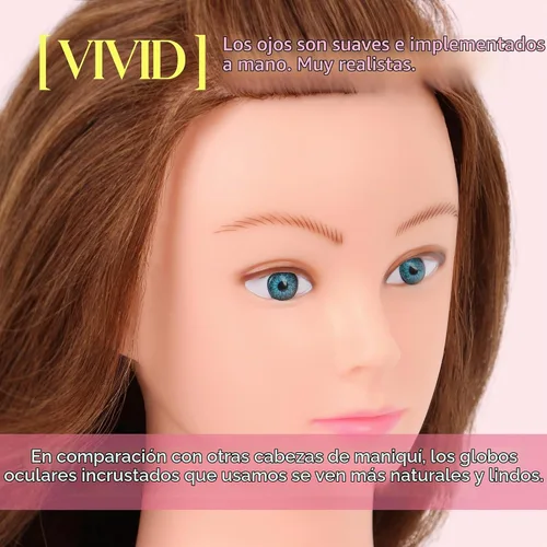 Vista 3 de Cabeza de maniquí con cabello humano para cosmetología - Cabeza de muñeca con 80% cabello humano para práctica de peinado, cabeza de práctica