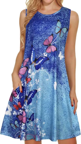 Vista 21 de elescat Vestidos de verano para mujer 2025, vestido casual de playa sin mangas con estampado floral, tipo camiseta, suelto y con bolsillos