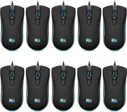 Vista 10 de Rii Ratón con cable RM105, mouse de computadora con retroiluminación RGB colorida, agarre cómodo óptico ergonómico, ratones con cable USB compatible