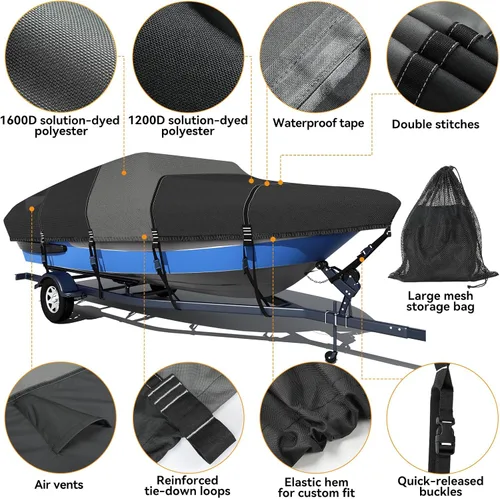 Vista 8 de Funda para barco 1600D + 1200D con bucles de 2 pulgadas de ancho para remolque y amarre, ultraduradera, impermeable, se adapta a Tri-Hull, V-Hull